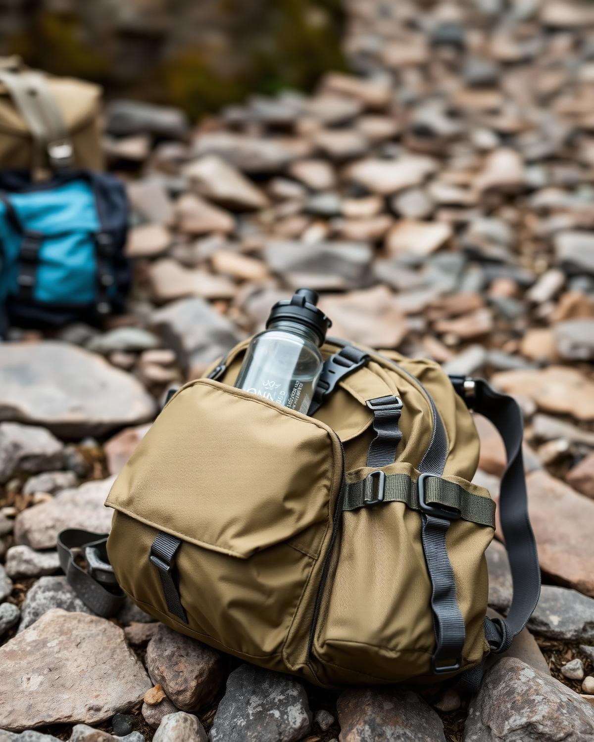 Khaki outdoor utility bag and accessories on stone ground