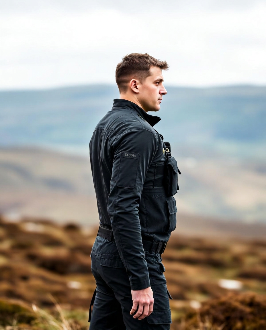 Charcoal tactical clothing worn in open upland terrain