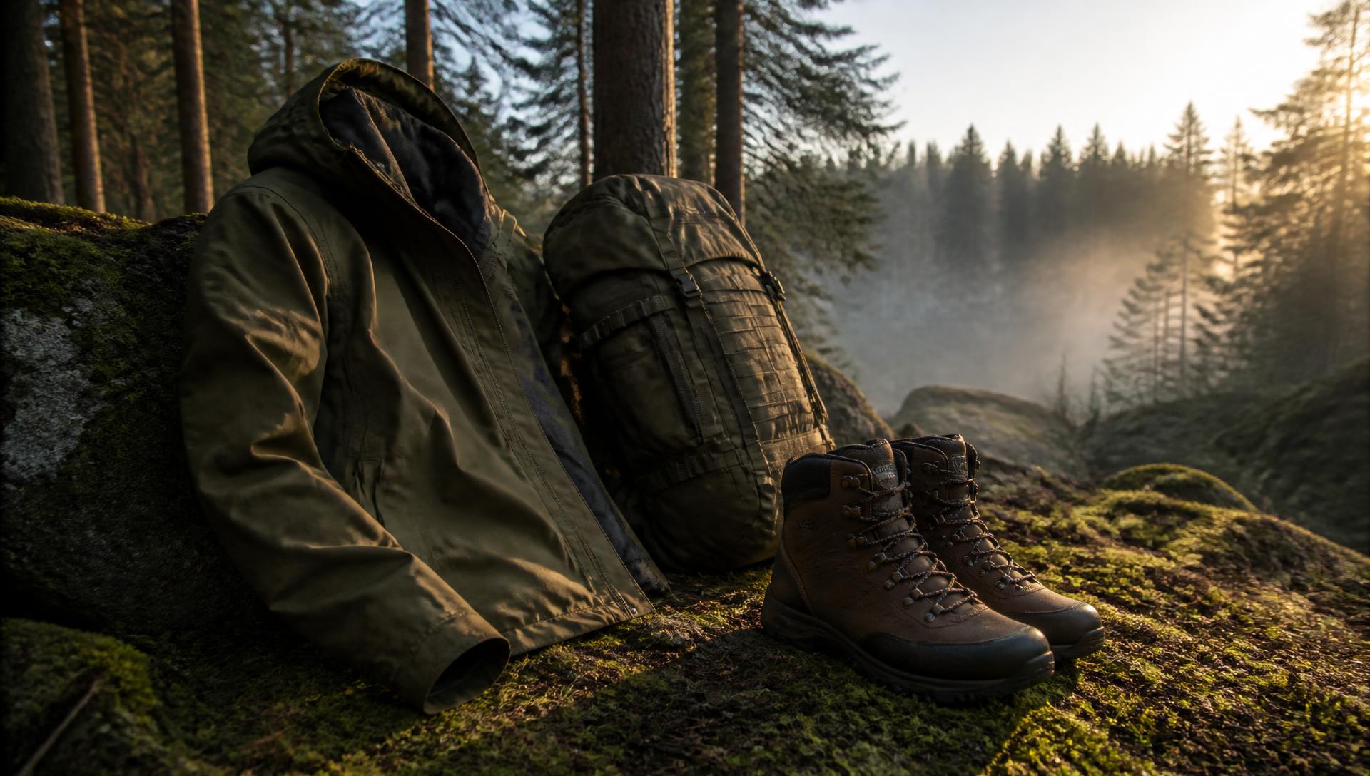 Field jacket, tactical backpack and outdoor boots on mossy ground in misty woodland at dawn